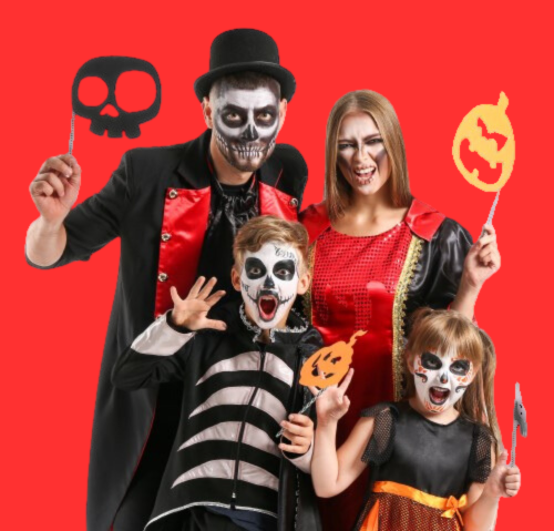 Happy Family in Halloween Costumes on red background