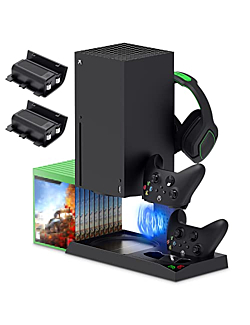 Vertical Cooling Stand Compatible with Xbox Series X with Cooling Fan, Cooling Station Dock with 10 Game Storage Organizer, Controller & Headphone Holder, 2X1400 mAh Rechargeable Battery Packs