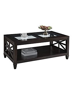 Solid Wood Coffee Table with Tempered Glass Top, Farmhouse Living Room Center Table with 2-tire Storage Shelf, Traditional Cocktail Table, 45.5” x 26” x 19” Easy Assembly, Vintage Walnut KFZ1318DC