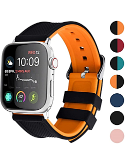 Fullmosa Compatible Sport Apple Watch Band 45mm 44mm 42mm 41mm 40mm 38mm,Rainbow Soft Silicone Rubber iWatch Band for Apple Watch SE/7/6/5/4/3/2/1, Black Top/Pumpkin Orange Bottom 45mm 44mm 42mm