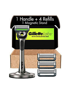 Gillette Mens Razor with Exfoliating Bar by GilletteLabs, Shaving Kit for Men, Includes 1 Handle, 4 Razor Blade Refills, 1 Premium Magnetic Stand