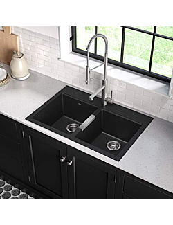 Kraus Quarza Kitchen Sink, 33-Inch Equal Bowls, Black Onyx Granite, KGD-433B model