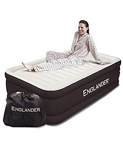 ﻿﻿Englander Queen Size Air Mattress w/ Built in Pump - Luxury Double High Inflatable Bed for Home, Travel & Camping - Premium Blow Up Bed for Kids & Adults - Brown