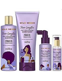 Pantene New Lengths Bundle with Root Stimulating Shampoo, Rejuvenating Conditioner, Scalp Revitalizing Treatment and Anti-Breakage Serum, made with Apricot Oil and Green Tea, for Natural and CurlyHair