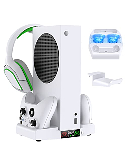 Vertical Cooling Stand for Xbox Series S Console, MENEEA Dual Charging Station Dock for Controller with Adjustable 3 Level Wind Cooling Fans and 1x Headphone Stand, Cooling Charger Accessories (White)