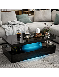 IKIFLY Modern High Glossy Black Coffee Table with 16 Colors LED Lights, Contemporary Rectangle Design Living Room Furniture, 2 Tiers