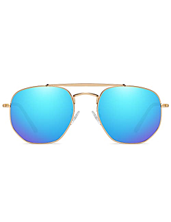 Zeelool Polarized Sunglasses for Women Men Classic Retro Polygon Sunglasses Double Bridge Trendy Vintage Shades SM0024 (Glod Frame Mirror Blue Lens, Mirror Blue)