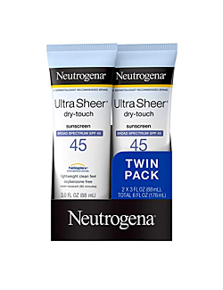 Neutrogena Ultra Sheer Dry-Touch Water Resistant and Non-Greasy Sunscreen Lotion with Broad Spectrum SPF 45, TSA-Compliant travel Size, 3 Fl Oz, Pack of 2, 6 Fl Oz