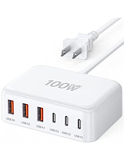 USB C Fast Charger, 100W GaN 6 Port Type USB C Charging Station Hub Block, USB C Wall Charger Power Strip Adapter Plug 3 USB C 3 USB A for iPad iPhone 14 13 12 11 Pro Max Pixel Note Galaxy, 5ft Cord