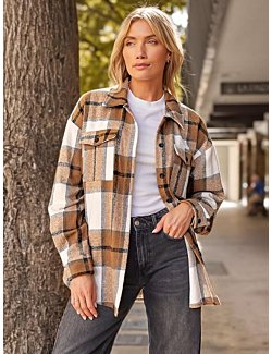 Cozy Fall Fashion: Women's Flannel Shacket in Classic Plaid Design.