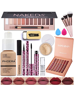 All In One Makeup Kit,Naked Eyeshadow Palette, PHOERA Foundation Makeup, Lipstick Set, Eyebrow Soap, Waterproof Eyeliner and Mascara, PHOERA Primer Powder Concealer Contour, Makeup Foundation Brush