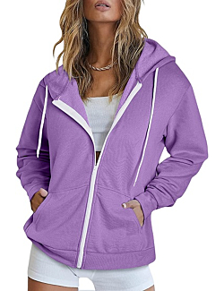 Dokotoo Fall Solid Color Oversized Purple Full Zip Up Hoodies for Women 2022 Long Sleeve Ladies Hooded Sweatshirts Pockets Jacket Coat for Teen Girls Casual Large