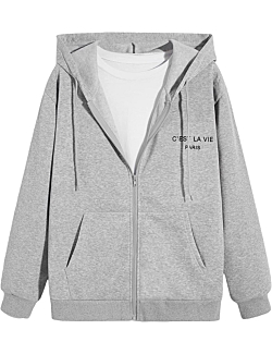 SOLY HUX Men's Zip Up Letter Print Long Sleeve Hoodies Casual Sweatshirt Jacket with Pocket Grey M