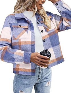 Front view of Zeagoo Women's Cropped Shacket in soft plaid flannel.