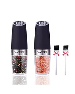 VANPIN Electric Pepper and Salt Grinder Set, Adjustable Coarseness, Battery Powered with LED Light, One Hand Automatic Operation, Stainless Steel Black, 2 Pack