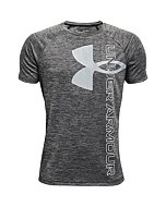 Under Armour boys Tech Split Logo Hybrid Short-Sleeve T-Shirt , Black (001)/White , Youth Small