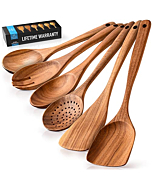 Zulay Kitchen 6 Piece Wooden Spoons for Cooking - Smooth Finish Teak Wooden Utensils for Cooking - Soft Comfortable Grip Wood Spoons for Cooking - Non-Stick Wooden Cooking Utensils - Wooden Spoon Sets