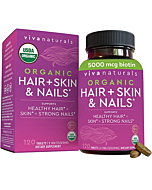 Organic Hair Skin and Nails Vitamins for Women– Biotin 5000 mcg Supplement to Support Normal Hair Growth and Glowing Skin, USDA Organic Supports Strong and Healthy Nail Growth, 120 Tablets