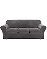 Modern Velvet Plush 4 Piece High Stretch Sofa Slipcover Sofa Cover Furniture Protector Form Fit Luxury Thick Velvet Sofa Cover for 3 Cushion Couch, Machine Washable (Sofa,Gray)