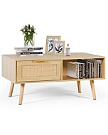 LAZZO Rattan Coffee Table Mid Century Modern Center Rectangular Tables with 2 Drawers and Open Storage Shelf Wooden Small Media Table for Home Living Room,Office Natural Wood