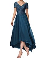 Short Sleeves Mother of The Bride Dresses for Women Lace Appliques V Neck High-Low Formal Wedding Party Prom Dress Teal