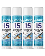 Badger SPF 15 Mineral Sunscreen Lip Balm (4 Pack) - Reef-Friendly Broad-Spectrum SPF Lip Balm with Zinc Oxide - Unscented, .15 oz