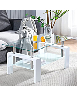 Living Room Rectangle Coffee Table, Tea Table Suitable for Waiting Room, Modern Side Coffee Table with Wooden Leg, Glass Tabletop with Lower Shelf, White