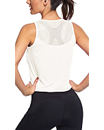 Cropped Workout Tops for Women Mesh Back Womens Workout Tops Flowy Crop Yoga Shirts Running Tank Tops (White, Large)