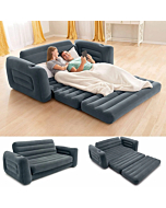 Gray inflatable sofa bed in living room setting.