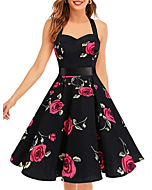 Halter Vintage Dress for Women Retro Tea Party Dresses for Women Swing A line Homecoming Dress Rockabilly Pinup Audrey Hepburn Floral Dress Red Flower XS