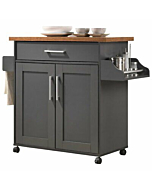 Hodedah Kitchen Island with Spice Rack plus Towel Holder in Gray-Oak Wood