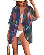 Women's Floral Print Puff Sleeve Kimono Cardigan Loose Cover Up Casual Blouse Tops (Colorful Blue Floral,L)