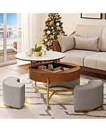 HERNEST Lift Top Round Coffee Table with Storage Compartment 3 Stools Pop Up Stone Tabletop Rising Top Modern Coffee Table Set for Living Room Apartment