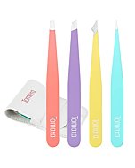 Tweezers for Eyebrows, Slant Tip and Pointed Eyebrow Tweezer Set Great Precision for Eyebrows Facial Hair, Ingrown Hair, Splinter, Blackhead and Tick Remover (4-piece) (Multi-color)