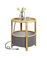 Avarmora End Table with Charging Station, Small Side Table with Storage Bamboo Round End Tables Nightstand Night Table for Living Room, Bedroom, Balcony Indoor Outdoor (Natural)