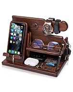 TESLYAR Wood Phone Docking Station Ash Key Holder Stand Watch Organizer Men Husband Wife Anniversary Dad Birthday Nightstand Purse Father Graduation Male Travel Idea Gadgets