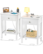 Homykic White Nightstand with Charging Station, Bamboo Nightstands Set of 2 with USB Ports and Outlets, Bedside Table End Table Side Table with Drawer and Storage Shelf for Bedroom, Easy to Assemble