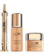 GLO24K UNLEASH THE POWER OF GOLD Complete Eye Care Set with our 24k Instant Facelift Cream, Eye Treatment Cream, and Eye Serum. Skin Serum Formulated to Treat the Delicate Skin around the Eyes