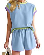 SHEWIN Womens Fashion 2024 Casual 2 Two Piece Sets for Women Summer Casual Crewneck Short Sleeve Tops and Shorts Cozy Tracksuit Lounge Set Sky Blue L