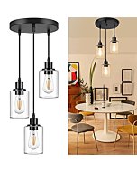 Industrial 3-Light Pendant Light, Adjustable Hanging Light Fixture with Clear Glass Shade, Mini Pendant Lighting, Vintage Farmhouse Ceiling Lamp for Kitchen Dining Room E26 Base, Black