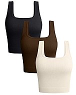 OQQ Women's 3 Piece Tank Tops Ribbed Seamless Workout Exercise Shirts Yoga Crop Tops Black Coffee Beige