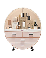 Ihuiniya Makeup Storage Organizer Box，Cosmetics storage display rack with drawer，Waterproof, dustproof, elegant display cabinet，Suitable for bathroom countertop, bedroom dresser (Large Pink)