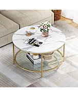 YITAHOME White Marble Round Coffee Table with Glass, Black Coffee Tables for Living Room, 2-Tier Circle Coffee Table with Storage Clear Coffee Table, Simple Modern Center Cocktail Table, White & Gold