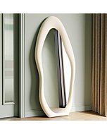 Honyee Full Length Mirror, 63" x 24" Wall Mirror, Flannel Wrapped Wooden Frame Full Body Mirror, Irregular Wavy Mirror Hanging or Leaning Against Wall for Cloakroom/Bedroom/Living Room, White