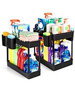 2 Pack Under Sink Organizer- Stackable 2 Size 2 Tier Bathroom Under the Sink Organizers Multi-Usage Kitchen Cabinet Organizers and Storage Sink Bath Shelf Baskets with Hanging 4 Cup and 5 Hooks, Black