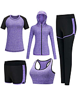 XPINYT 5pcs Workout Outfits for Women Athletic Sets Sport Suits Yoga Gym Fitness Exercise Clothes Jogging Tracksuits (Purple, Large)