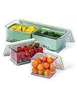 Lille Home Stackable Produce Saver, Organizer Bins/Storage Containers with Removable Drain Tray, Set of 3, for Refrigerators, Cabinets, Countertops and Pantry, BPA Free (Green,Set of 3)