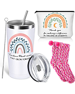 Sieral Teacher Appreciation Gifts Christmas Gift Set 20 oz Teacher Tumbler Mug with Lid and Straw Make up Bag Coral Fleece Socks Stocking Stuffers for Thank You Teacher Set Christmas Present