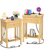 Homykic Nightstand with Charging Station, Bamboo Nightstands Set of 2, Wood Bedside Table with USB Ports and Outlets, End Table Side Table with Drawer and Storage Shelf for Bedroom, Natural