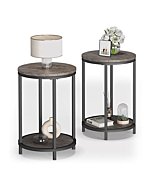 NSdirect Round Side Table Set of 2,16in Rustic Wooden End Table Surface Top & Sturdy Metal Legs Nightstand for Living Room Bedroom Farmhouse Sofa Table with Storage Open Shelf (Light Walnut)